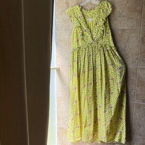 Banjanan Floral Honey Maxi Dress 100% Cotton Yellow Pink Floral Pockets Ruffles